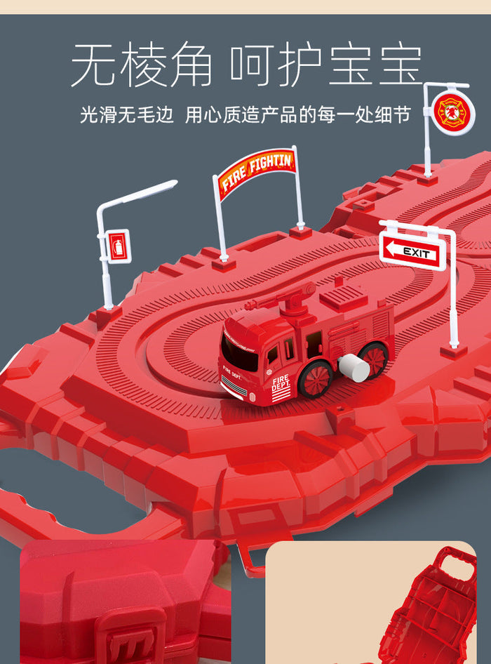 Red puzzle track toy with winding fire truck, featuring track pieces and road signs for creative play.