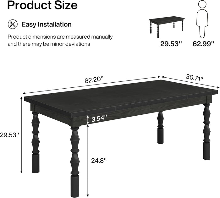 Rectangle Dining Table, 62” Kitchen Table with Carved Turned Legs for 4-6 People