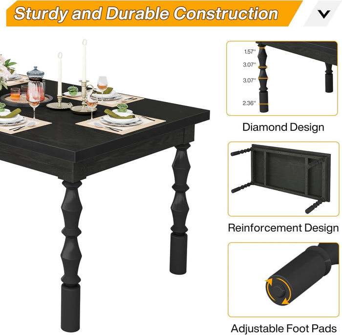Rectangle Dining Table, 62” Kitchen Table with Carved Turned Legs for 4-6 People