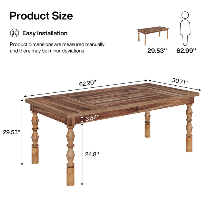 Rectangle Dining Table, 62” Kitchen Table with Carved Turned Legs for 4-6 People