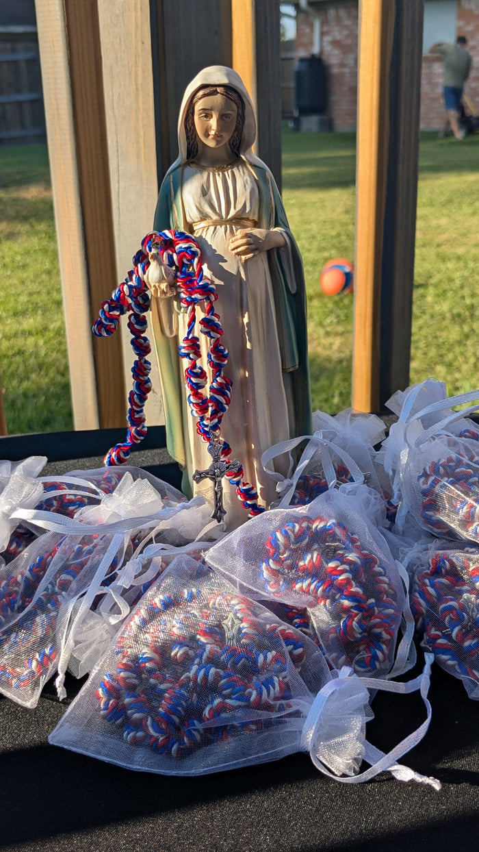 Red, White and Blue Knotted Rosary with Nickel Crucifix