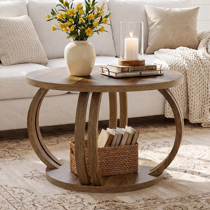 Round Coffee Table, 31.5" Center Table with 2-Tier Storage Shelf & Sculptural Curved Base