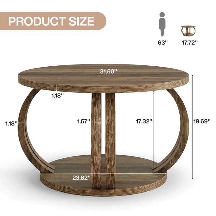 Round Coffee Table, 31.5" Center Table with 2-Tier Storage Shelf & Sculptural Curved Base