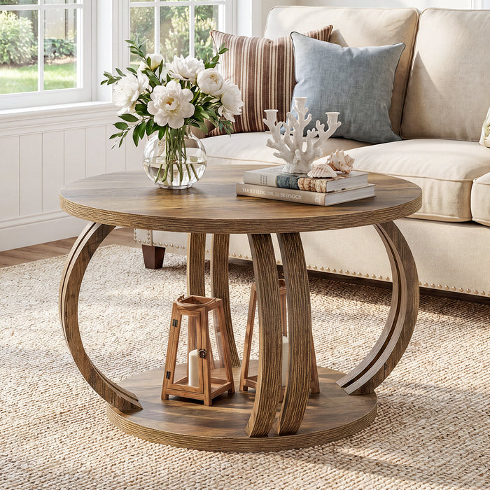 Round Coffee Table, 31.5" Center Table with 2-Tier Storage Shelf & Sculptural Curved Base