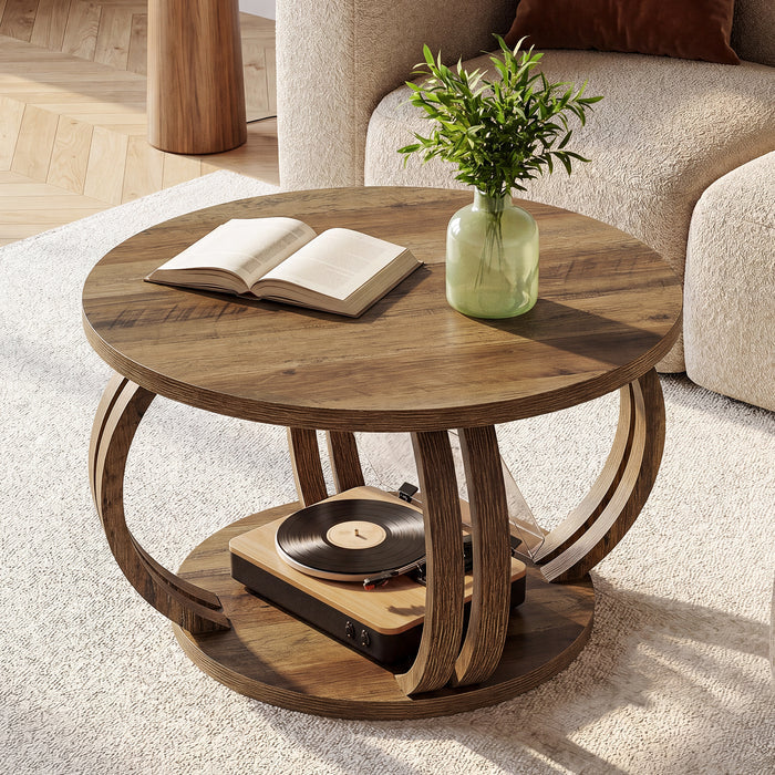 Round Coffee Table, 31.5" Center Table with 2-Tier Storage Shelf & Sculptural Curved Base