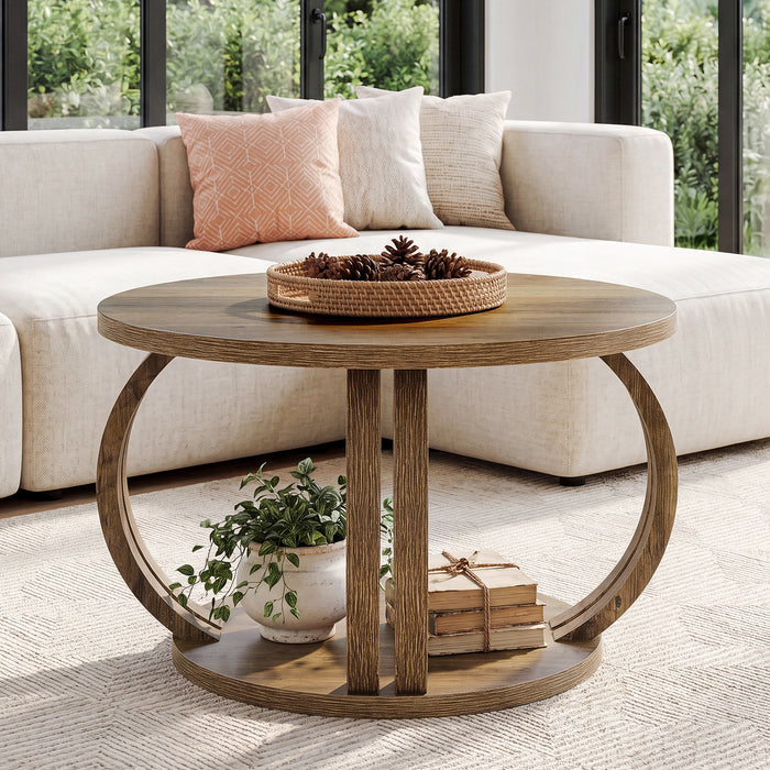 Round Coffee Table, 31.5" Center Table with 2-Tier Storage Shelf & Sculptural Curved Base