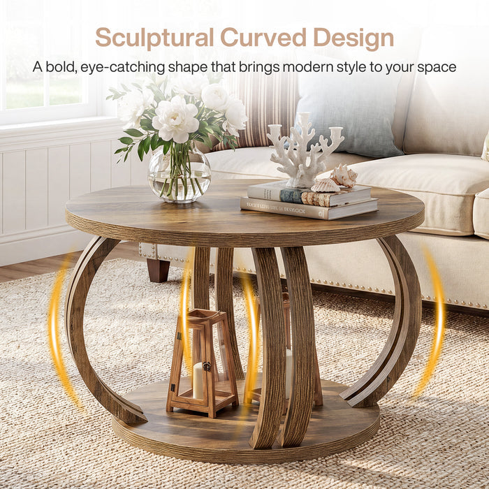 Round Coffee Table, 31.5" Center Table with 2-Tier Storage Shelf & Sculptural Curved Base