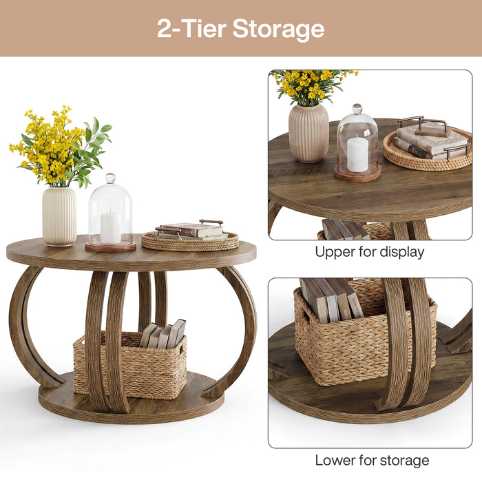 Round Coffee Table, 31.5" Center Table with 2-Tier Storage Shelf & Sculptural Curved Base
