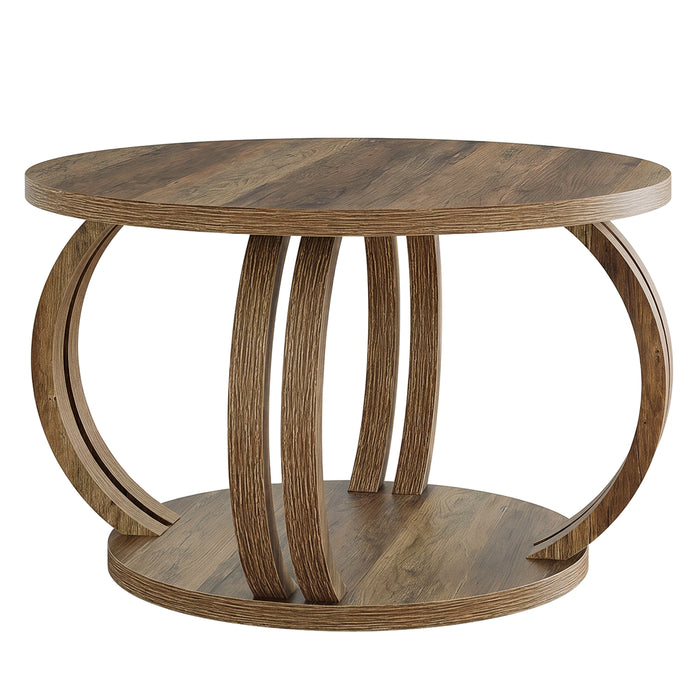 Round Coffee Table, 31.5" Center Table with 2-Tier Storage Shelf & Sculptural Curved Base