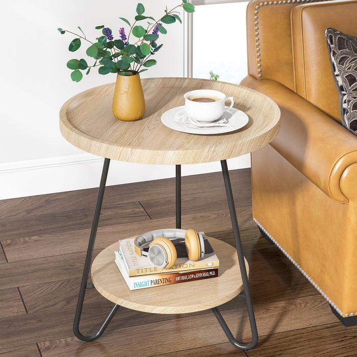 Round End Table, 2-Tier Side Table Accent Table with Metal Legs Tribesigns
