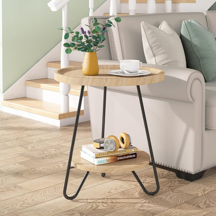 Round End Table, 2-Tier Side Table Accent Table with Metal Legs
