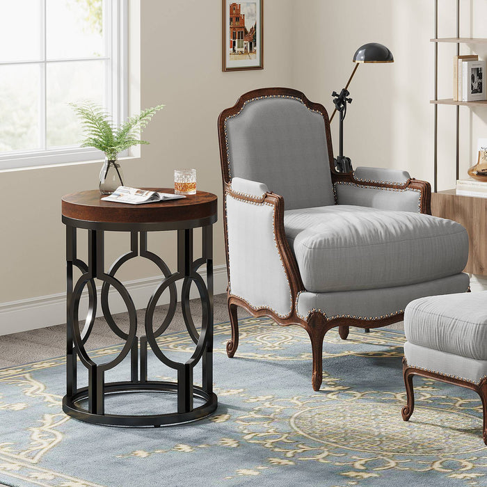 Round End Table, Industrial Side Table with Metal Hollow Frame Tribesigns