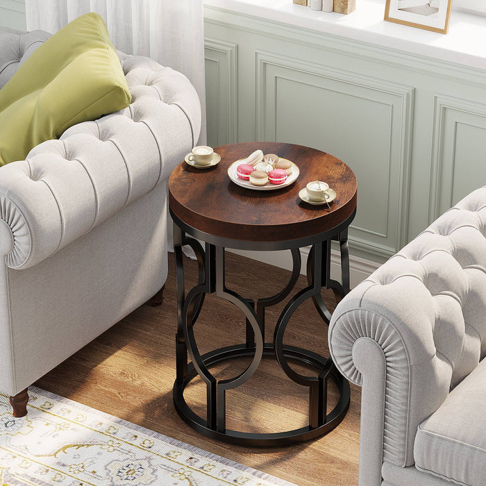 Round End Table, Industrial Side Table with Metal Hollow Frame Tribesigns