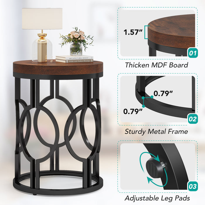 Round End Table, Industrial Side Table with Metal Hollow Frame Tribesigns
