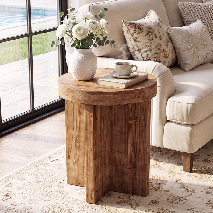 Round Solid Wood End Table, 19.7" Side Table with Cross‑Braced Base for Small Spaces
