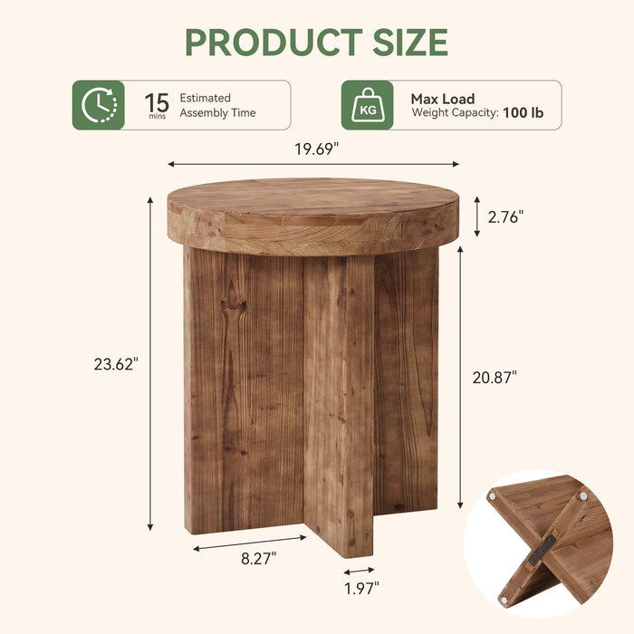 Round Solid Wood End Table, 19.7" Side Table with Cross‑Braced Base for Small Spaces