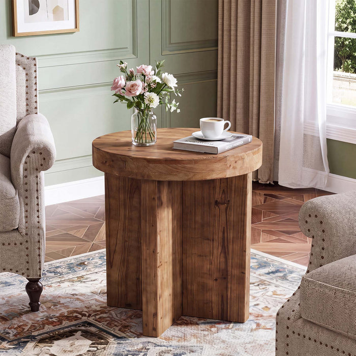 Round Solid Wood End Table, 19.7" Side Table with Cross‑Braced Base for Small Spaces