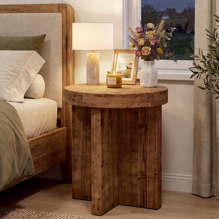 Round Solid Wood End Table, 19.7" Side Table with Cross‑Braced Base for Small Spaces
