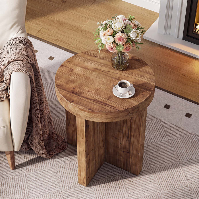 Round Solid Wood End Table, 19.7" Side Table with Cross‑Braced Base for Small Spaces