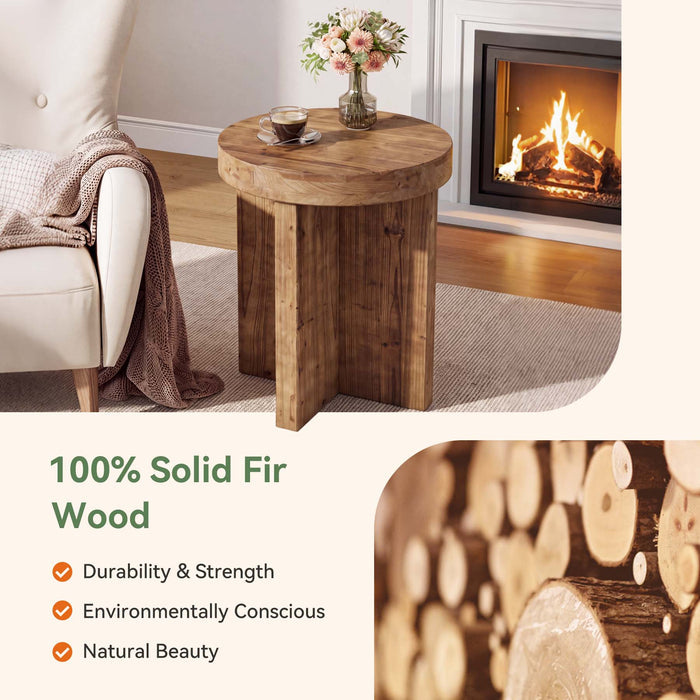 Round Solid Wood End Table, 19.7" Side Table with Cross‑Braced Base for Small Spaces