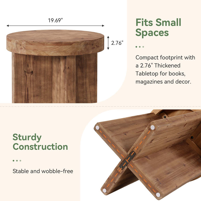 Round Solid Wood End Table, 19.7" Side Table with Cross‑Braced Base for Small Spaces