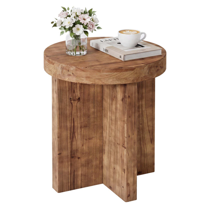 Round Solid Wood End Table, 19.7" Side Table with Cross‑Braced Base for Small Spaces