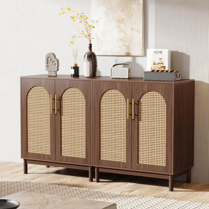 Sideboard Buffet Set of 2, Accent Rattan Storage Cabinet with Doors