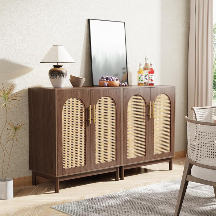 Sideboard Buffet Set of 2, Accent Rattan Storage Cabinet with Doors