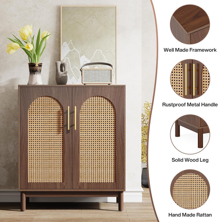 Sideboard Buffet Set of 2, Accent Rattan Storage Cabinet with Doors