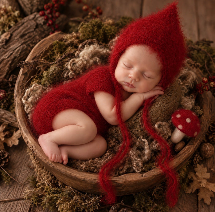 Newborn wearing matching red fluffy pixie bonnet and mohair romper in a woodland photography setup