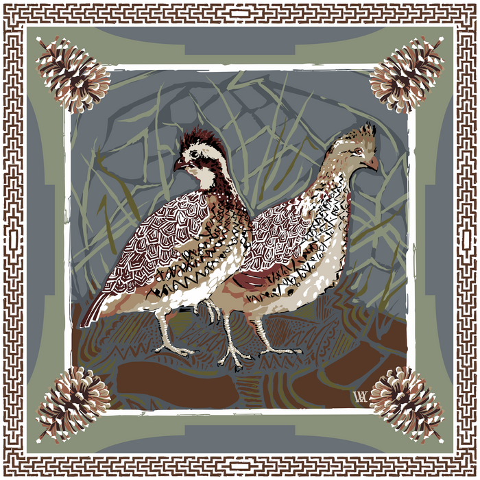 Slate Quail Pair Framed Scarf Print