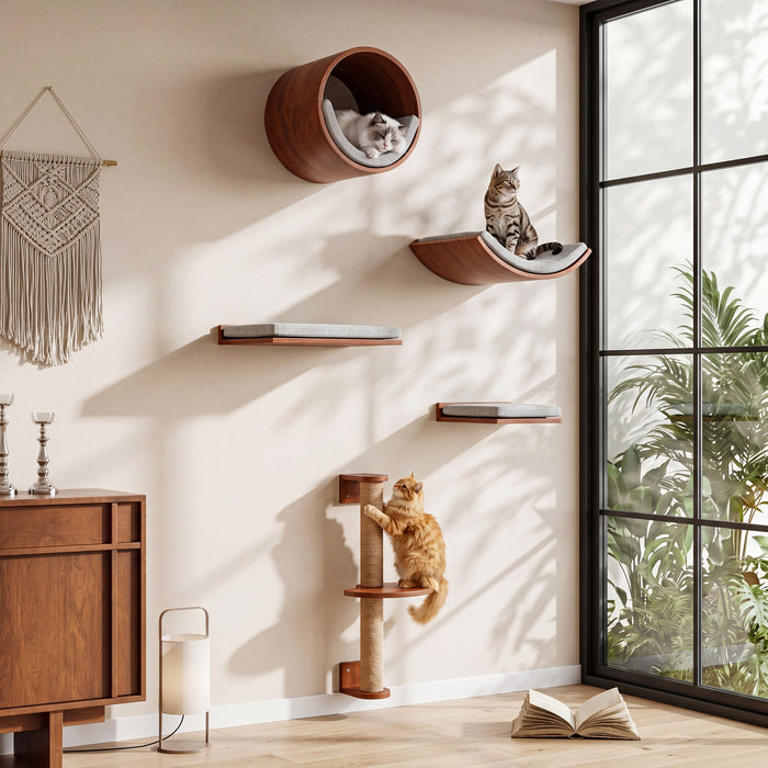 Solid Wood Cat Wall Shelves Set, 5-in-1 Cat Wall Furniture Cat Perches Set for Living Room