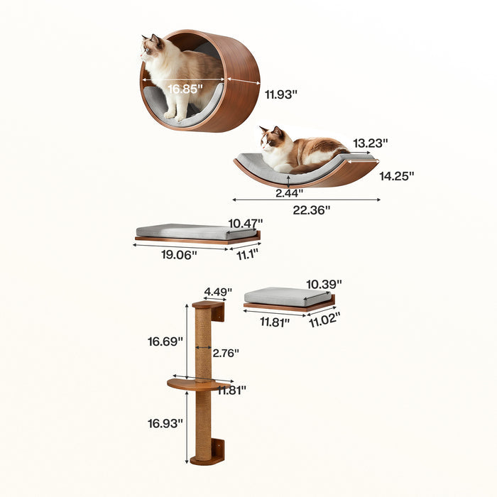 Solid Wood Cat Wall Shelves Set, 5-in-1 Cat Wall Furniture Cat Perches Set for Living Room