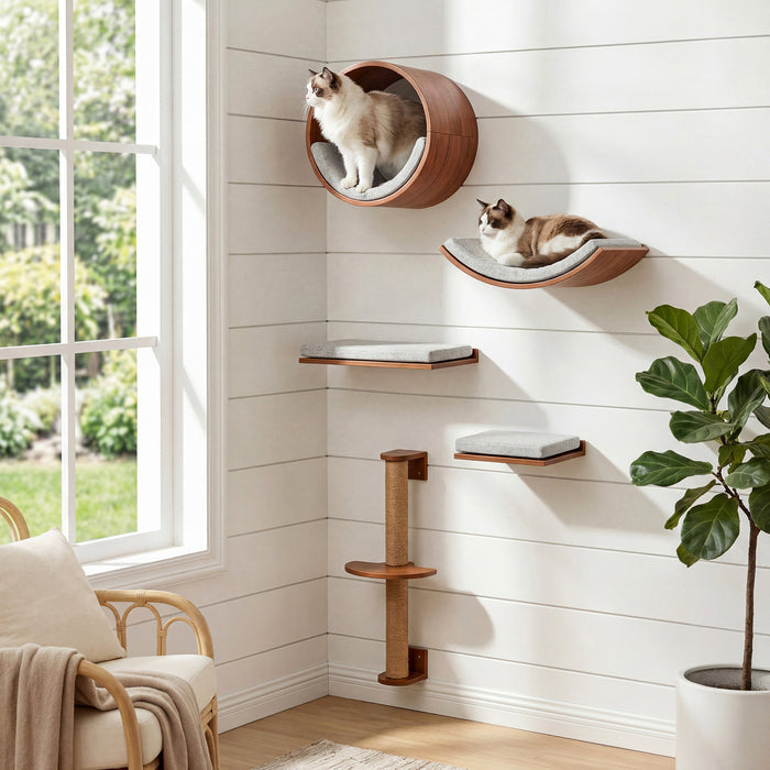 Solid Wood Cat Wall Shelves Set, 5-in-1 Cat Wall Furniture Cat Perches Set for Living Room