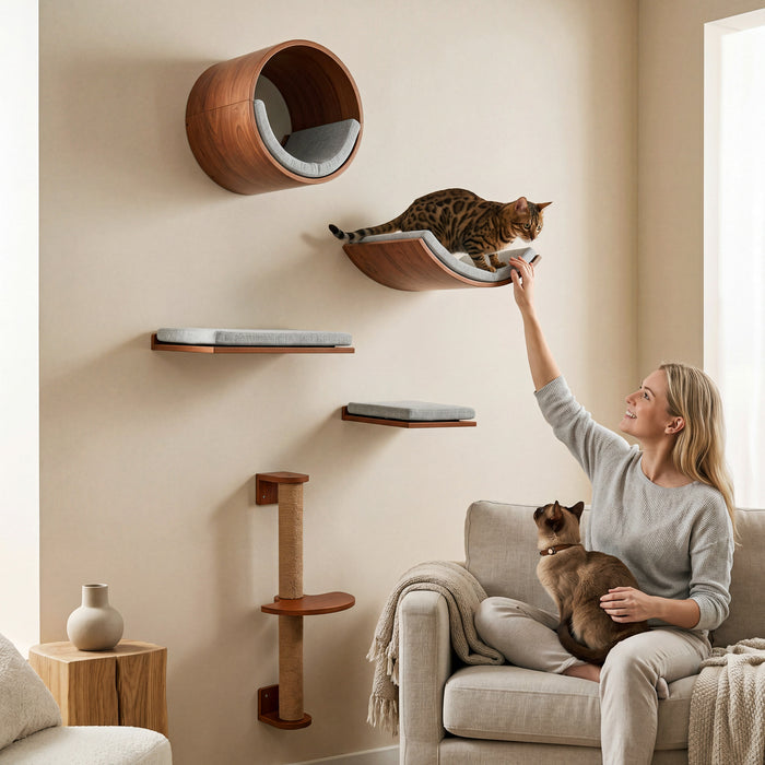 Solid Wood Cat Wall Shelves Set, 5-in-1 Cat Wall Furniture Cat Perches Set for Living Room