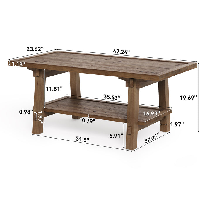 Solid Wood Coffee Table with 2-Tier Storage