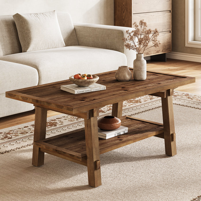 Solid Wood Coffee Table with 2-Tier Storage