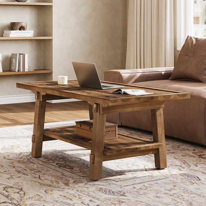 Solid Wood Coffee Table with 2-Tier Storage
