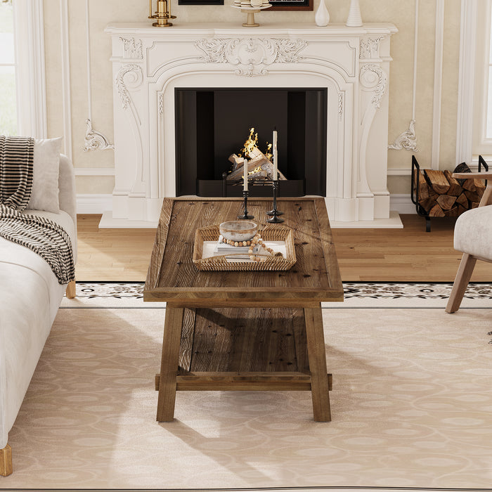 Solid Wood Coffee Table with 2-Tier Storage
