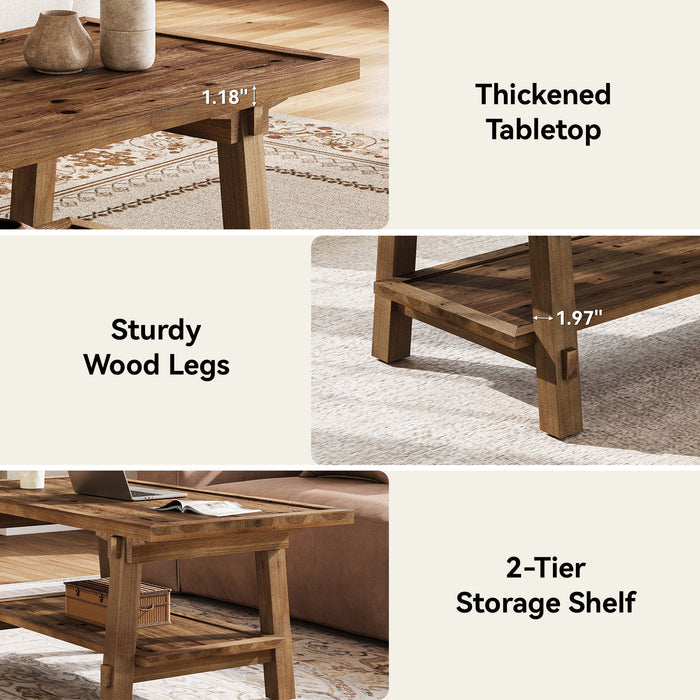 Solid Wood Coffee Table with 2-Tier Storage