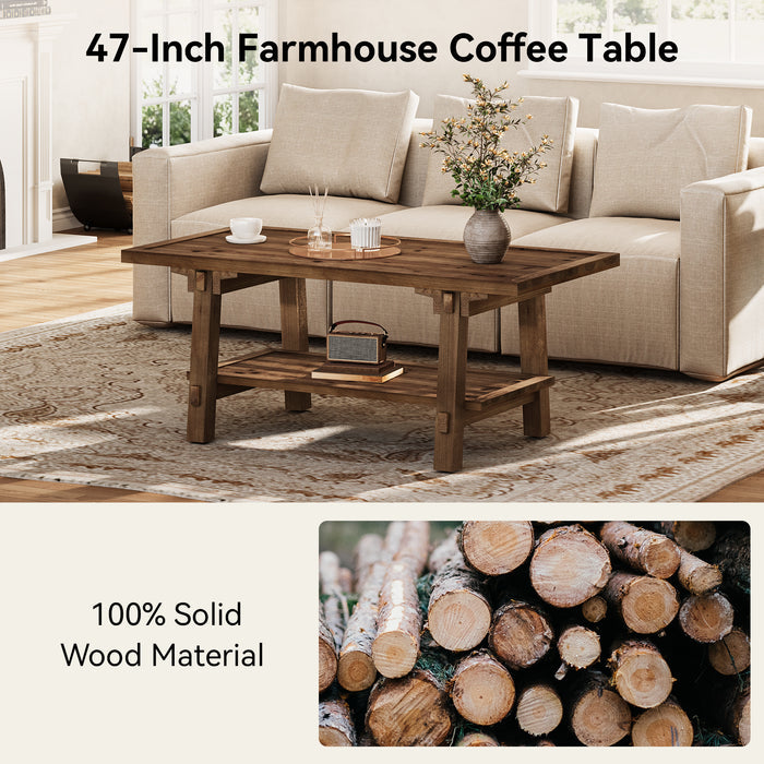 Solid Wood Coffee Table with 2-Tier Storage