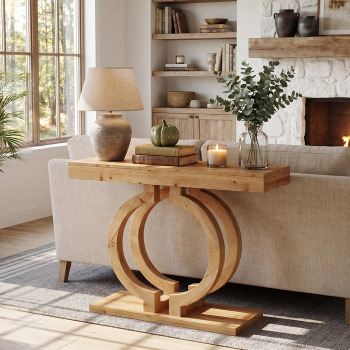 Solid Wood Console Table, 43.3" Entryway Sofa Table with Double-Circle Base for Hallway