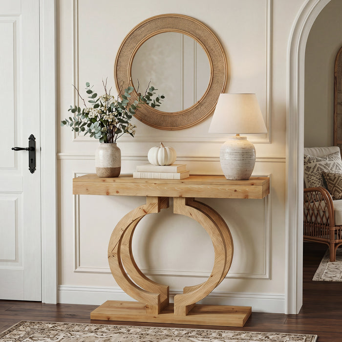 Solid Wood Console Table, 43.3" Entryway Sofa Table with Double-Circle Base for Hallway