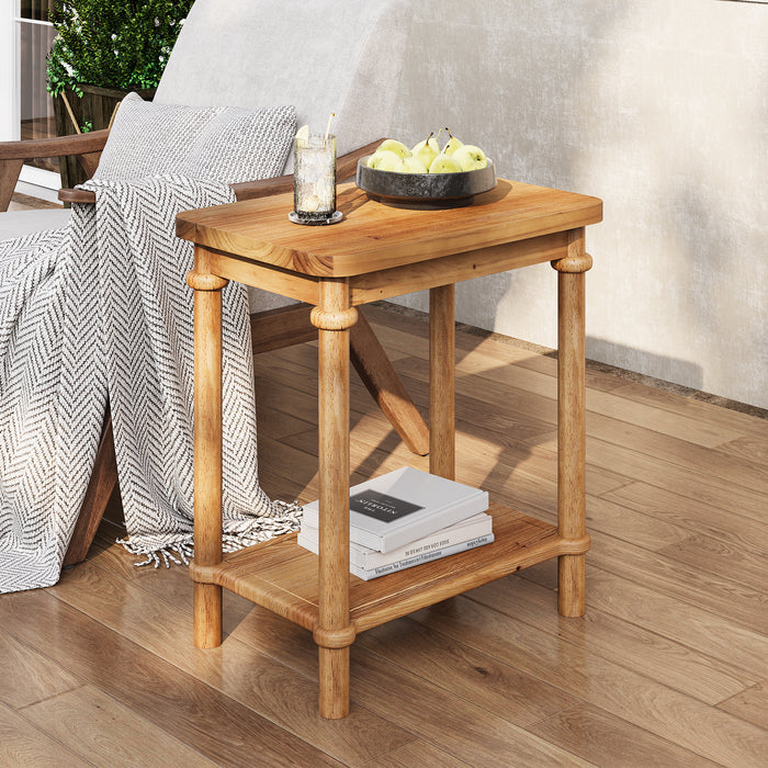Solid Wood End Table, 2-Tier Oval Side Table with Storage Shelves
