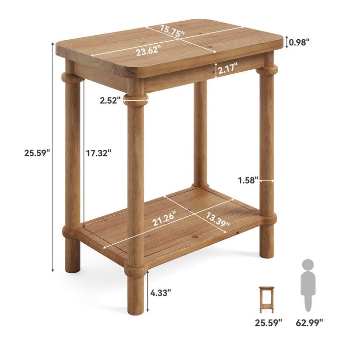 Solid Wood End Table, 2-Tier Oval Side Table with Storage Shelves