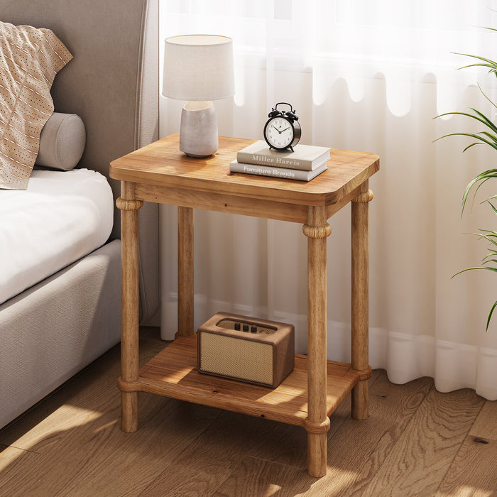 Solid Wood End Table, 2-Tier Oval Side Table with Storage Shelves