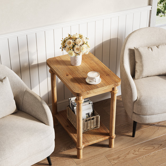 Solid Wood End Table, 2-Tier Oval Side Table with Storage Shelves