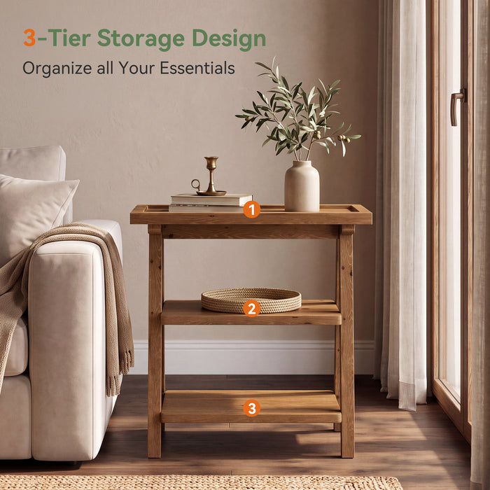 Solid Wood End Table, 3-Tier Side Table Farmhouse Accent Table for Small Spaces