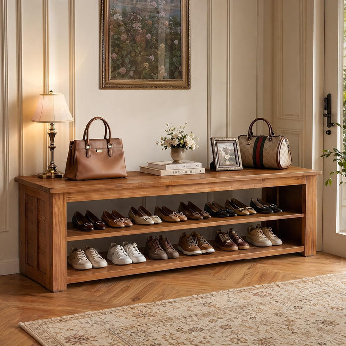 Solid Wood Entryway Bench, 63" Farmhouse Shoe Bench End of Bed Bench with Storage
