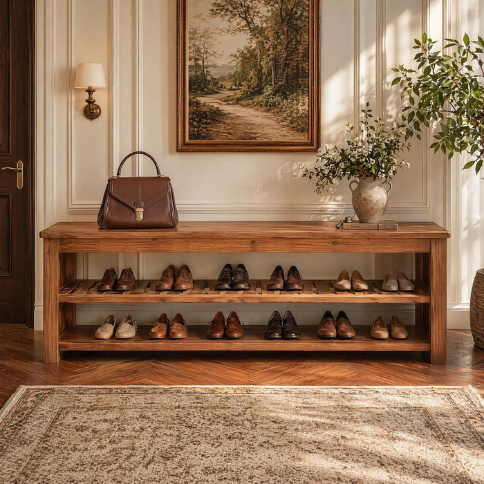 Solid Wood Entryway Bench, 63" Farmhouse Shoe Bench End of Bed Bench with Storage
